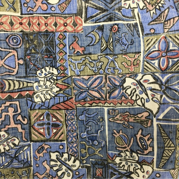 Vintage 90s Men’s Hawaiian Tribal Button Down Shirt Royal Creations Hawaii Blue - Picture 11 of 11